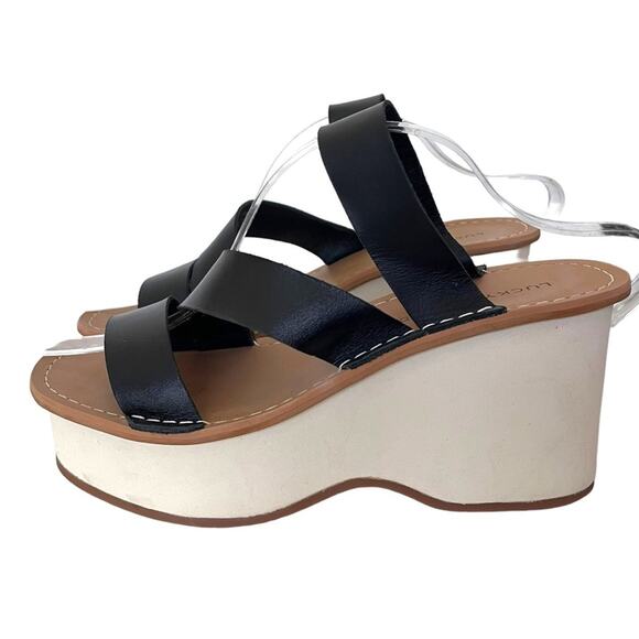 LUCKY BRAND Mimya Womens Leather Open Toe Wedge Sandals Women’s 9 Black Platform - Picture 1 of 10